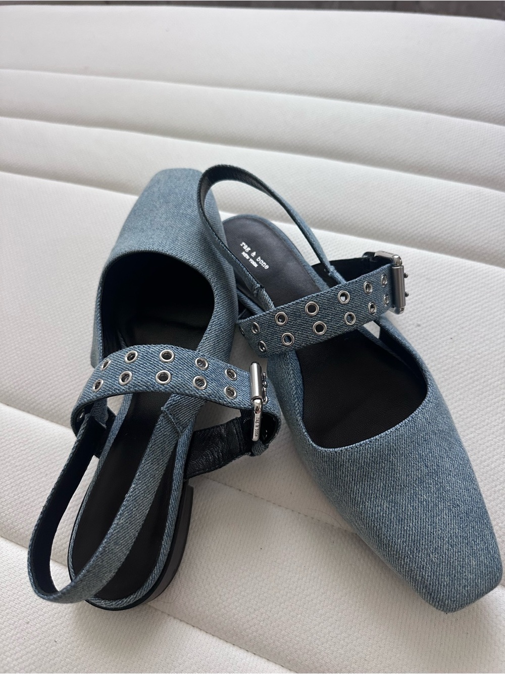 rag & bone Blue Denim Square-Toe Slingback Mules with Grommet Strap